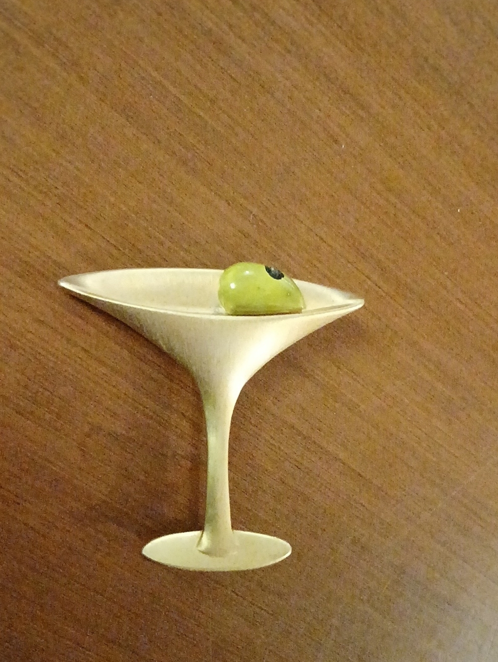 Vintage 70s Gold Tone Martini W Olive Pinback Jonette Jewelry Signed  2"